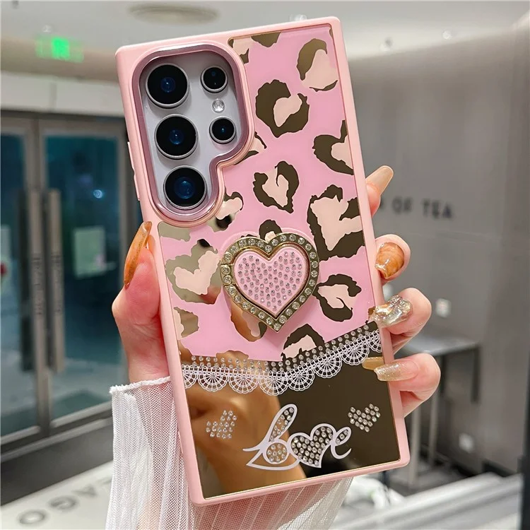 For Samsung Galaxy S25 Ultra Case with Kickstand Heart Pattern Electroplating TPU + PC Phone Cover - Pink