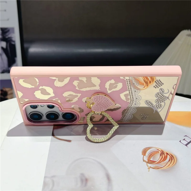 For Samsung Galaxy S25 Ultra Case with Kickstand Heart Pattern Electroplating TPU + PC Phone Cover - Pink