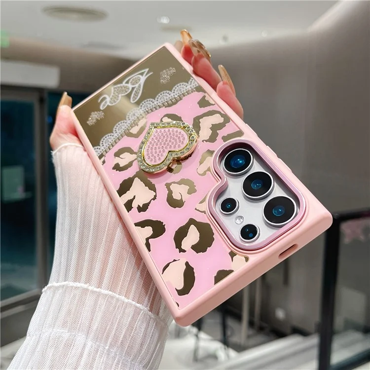 For Samsung Galaxy S25 Ultra Case with Kickstand Heart Pattern Electroplating TPU + PC Phone Cover - Pink