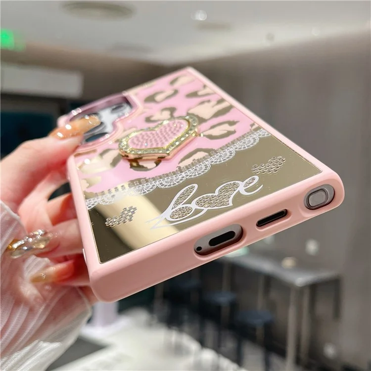 For Samsung Galaxy S25 Ultra Case with Kickstand Heart Pattern Electroplating TPU + PC Phone Cover - Pink