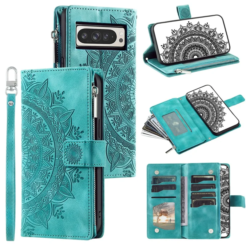Style 006 Per Google Pixel 10 Pro XL Custodia Portafoglio in Pelle PU Cover per Telefono Motivo Mandala Floreale - Verde Menta