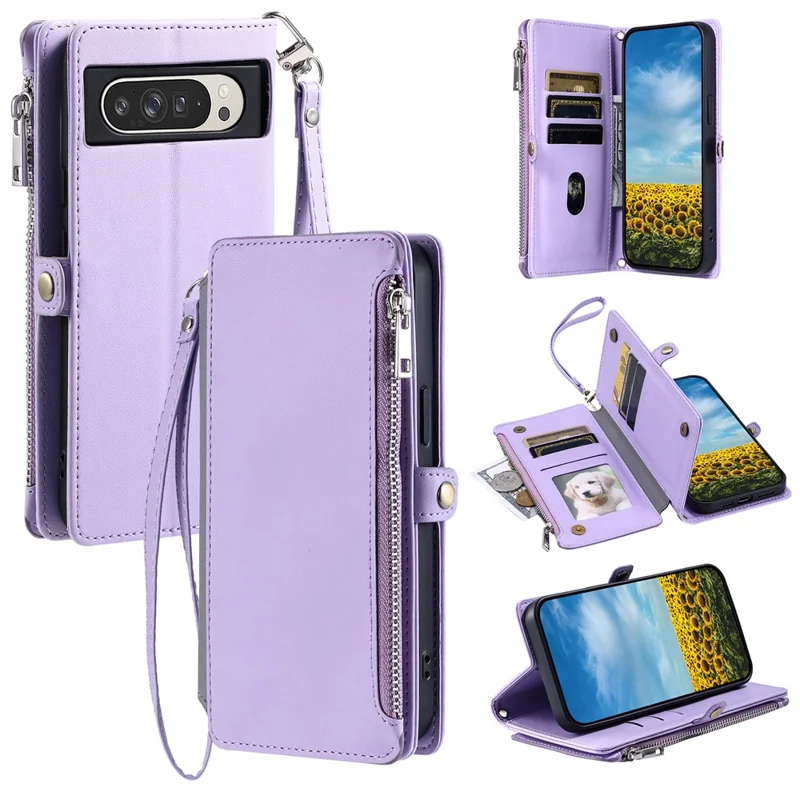 For Google Pixel 10 Pro XL Case TPU + PU Leather Wallet Phone Cover with Wrist Strap - Purple