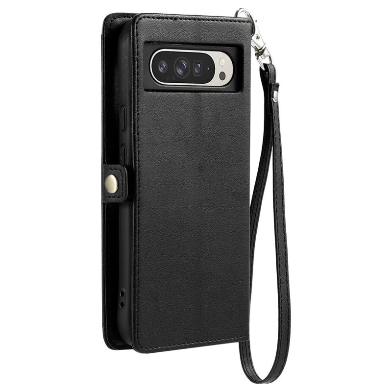For Google Pixel 10 Pro XL Leather Case with Wrist Strap Wallet Stand Phone Cover - Black