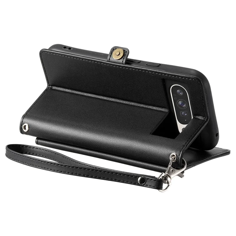 For Google Pixel 10 Pro XL Leather Case with Wrist Strap Wallet Stand Phone Cover - Black