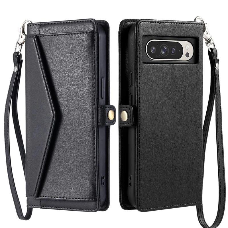 For Google Pixel 10 Pro XL Leather Case with Wrist Strap Wallet Stand Phone Cover - Black