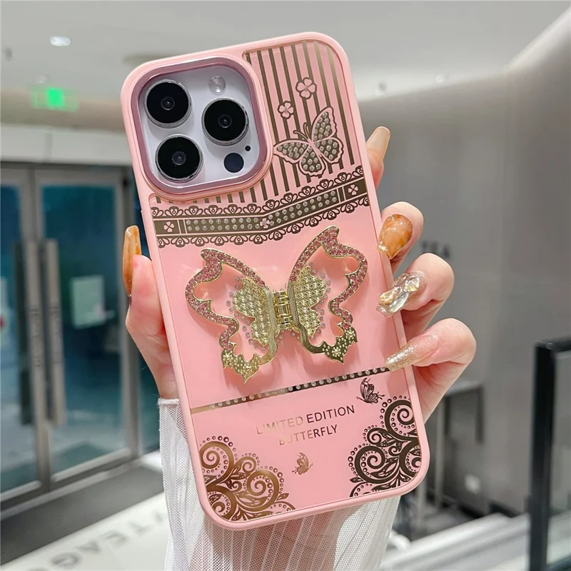 For iPhone 16 Pro Max Case Butterfly Kickstand TPU + PC Phone Back Cover Rhinestone Decor - Pink