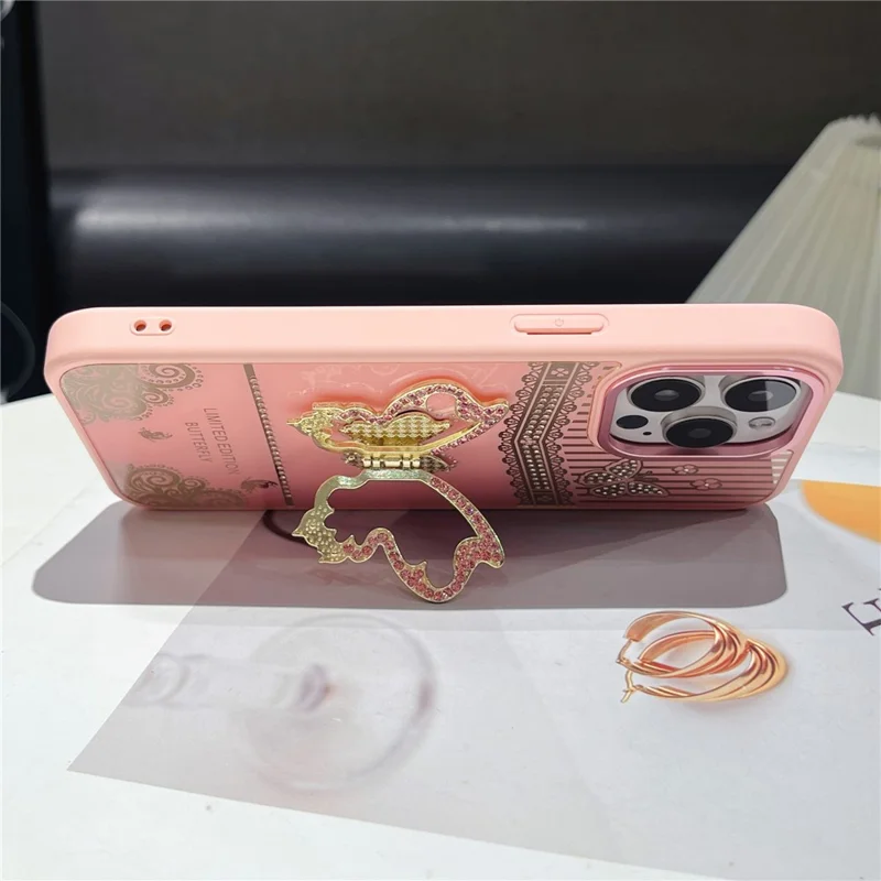 For iPhone 16 Pro Max Case Butterfly Kickstand TPU + PC Phone Back Cover Rhinestone Decor - Pink