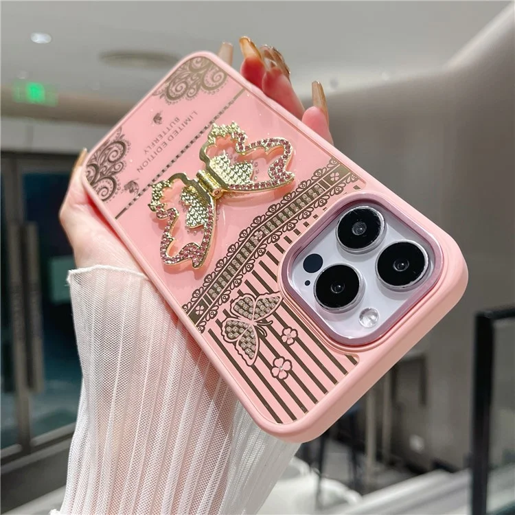 For iPhone 16 Pro Max Case Butterfly Kickstand TPU + PC Phone Back Cover Rhinestone Decor - Pink