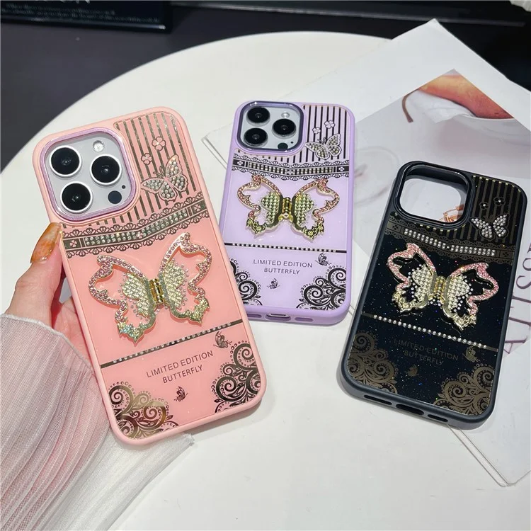 For iPhone 16 Pro Max Case Butterfly Kickstand TPU + PC Phone Back Cover Rhinestone Decor - Pink