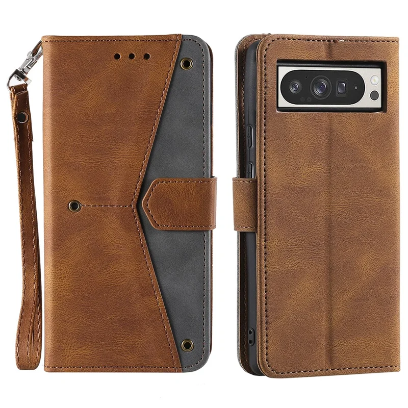 For Google Pixel 10 Pro XL Leather Case Splicing Stitching Wallet Phone Cover with Wrist Strap - Brown