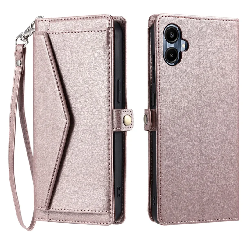 For Samsung Galaxy A06 5G Leather Case with Wrist Strap Wallet Stand Phone Cover - Rose Gold