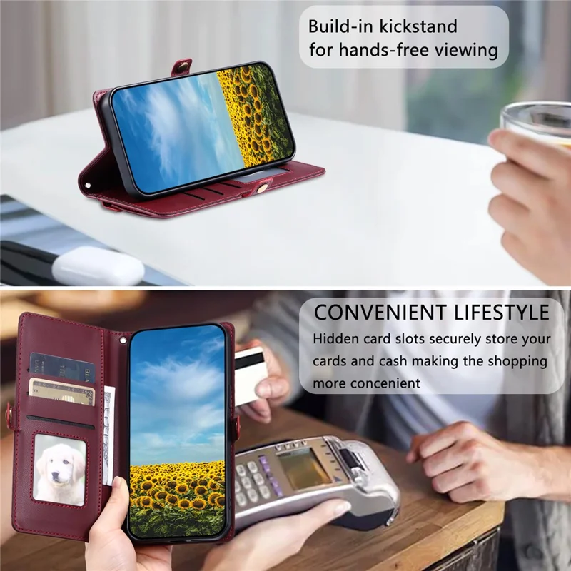 For Samsung Galaxy A06 5G Leather Case with Wrist Strap Wallet Stand Phone Cover - Wine Red
