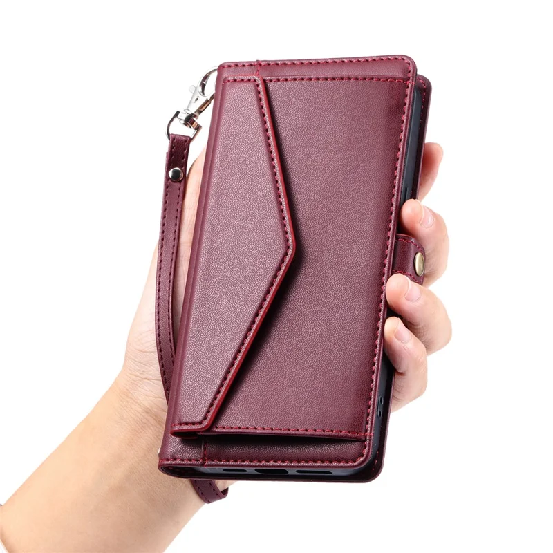 For Samsung Galaxy A06 5G Leather Case with Wrist Strap Wallet Stand Phone Cover - Wine Red