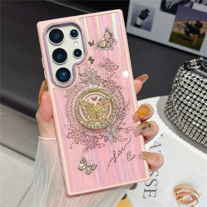 For Samsung Galaxy S25 Ultra Case Aurora Butterfly Pattern TPU + PC Phone Back Cover with Kickstand - Pink