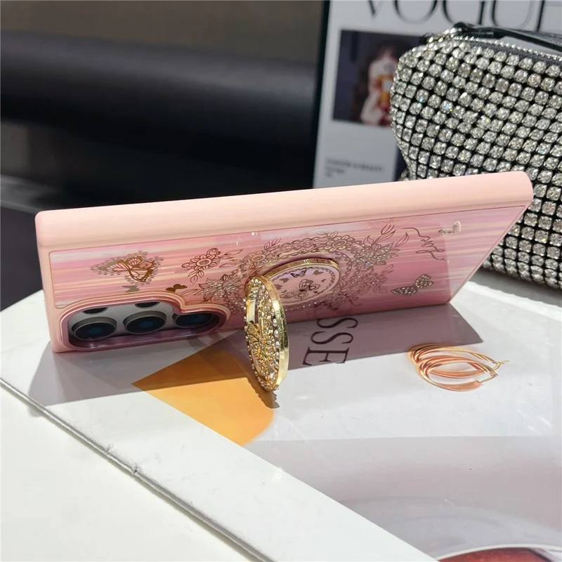 For Samsung Galaxy S25 Ultra Case Aurora Butterfly Pattern TPU + PC Phone Back Cover with Kickstand - Pink