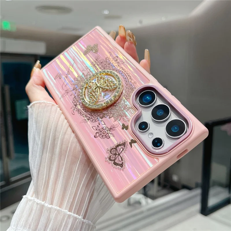 For Samsung Galaxy S25 Ultra Case Aurora Butterfly Pattern TPU + PC Phone Back Cover with Kickstand - Pink