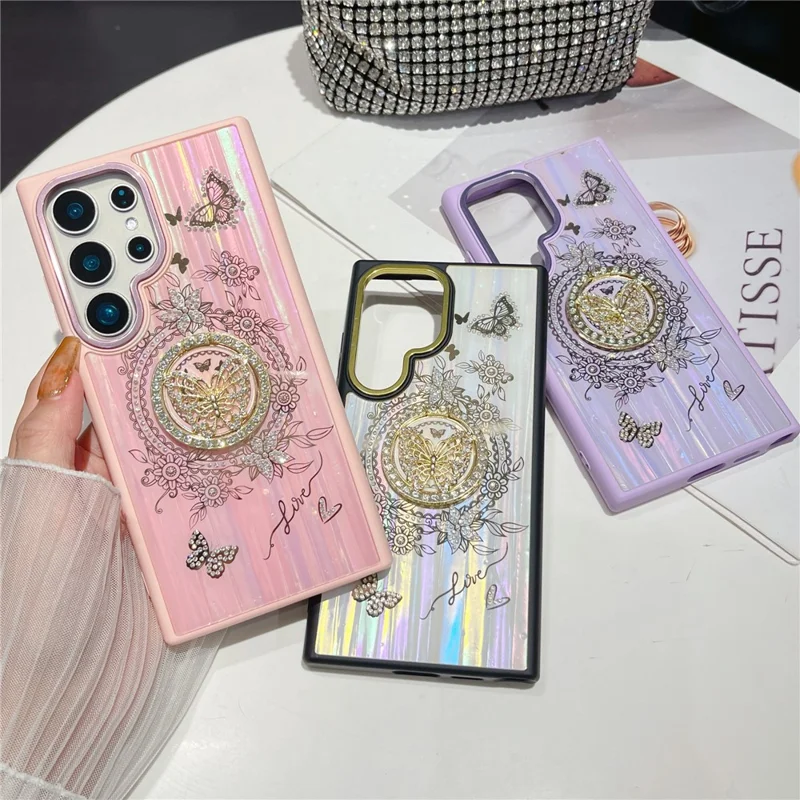 For Samsung Galaxy S25 Ultra Case Aurora Butterfly Pattern TPU + PC Phone Back Cover with Kickstand - Pink