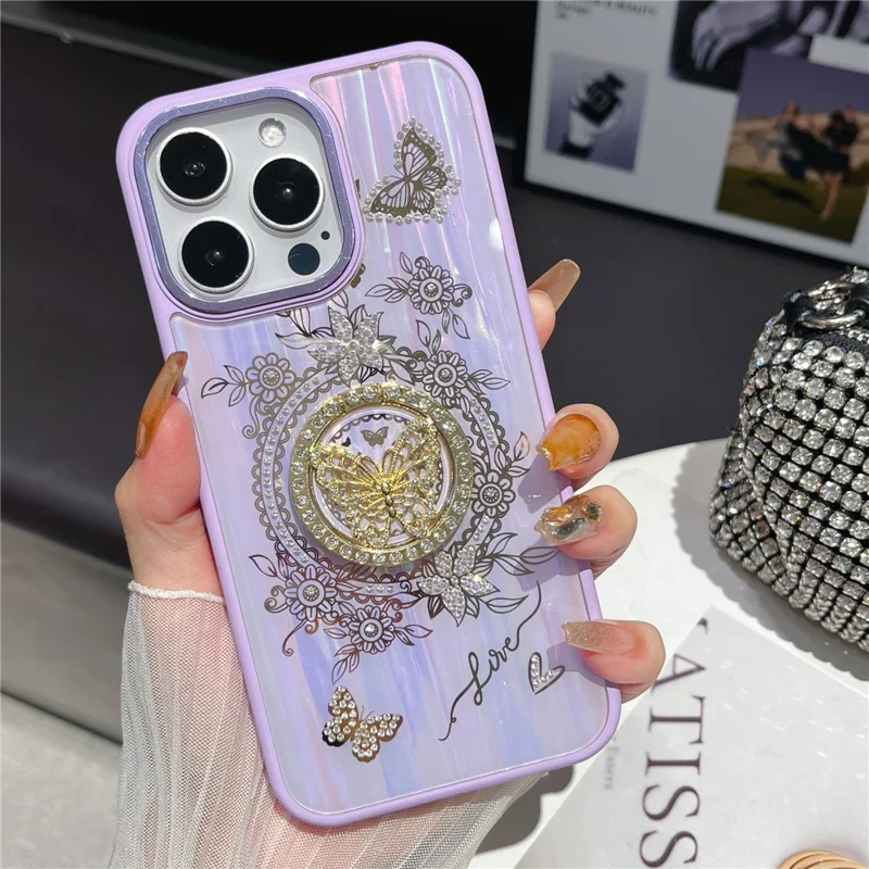 For iPhone 16 Pro Max Case Aurora Butterfly Pattern TPU + PC Phone Back Cover with Kickstand - Purple