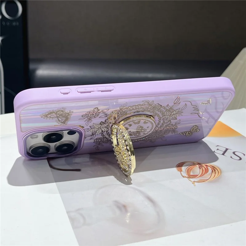 For iPhone 16 Pro Max Case Aurora Butterfly Pattern TPU + PC Phone Back Cover with Kickstand - Purple