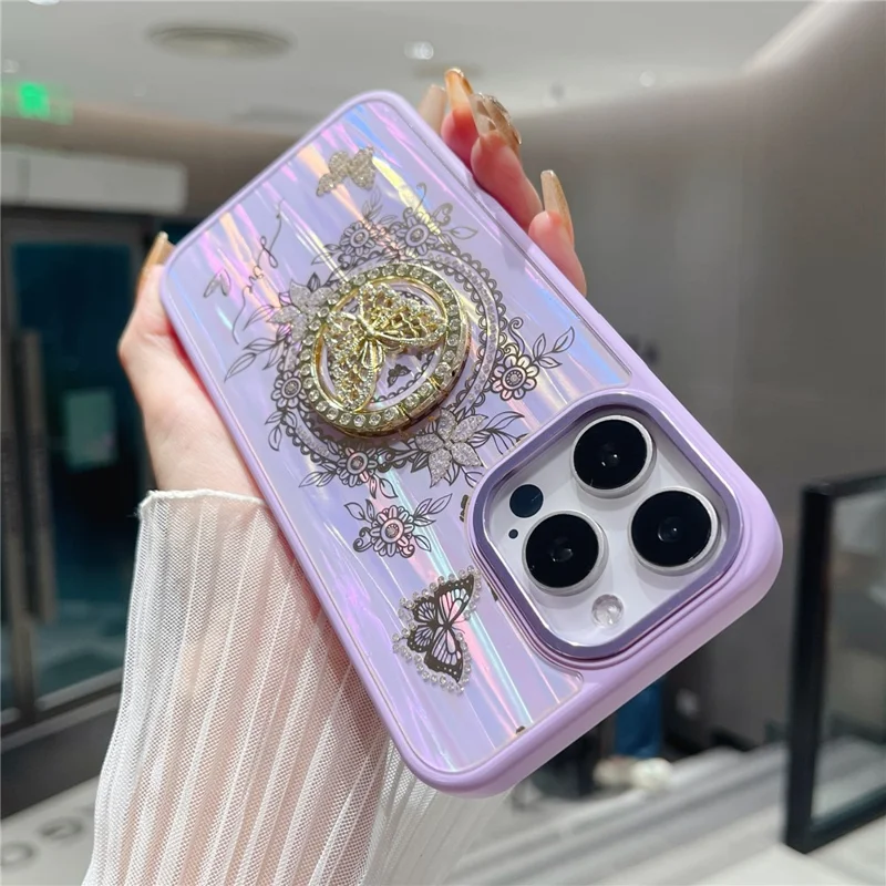 For iPhone 16 Pro Max Case Aurora Butterfly Pattern TPU + PC Phone Back Cover with Kickstand - Purple