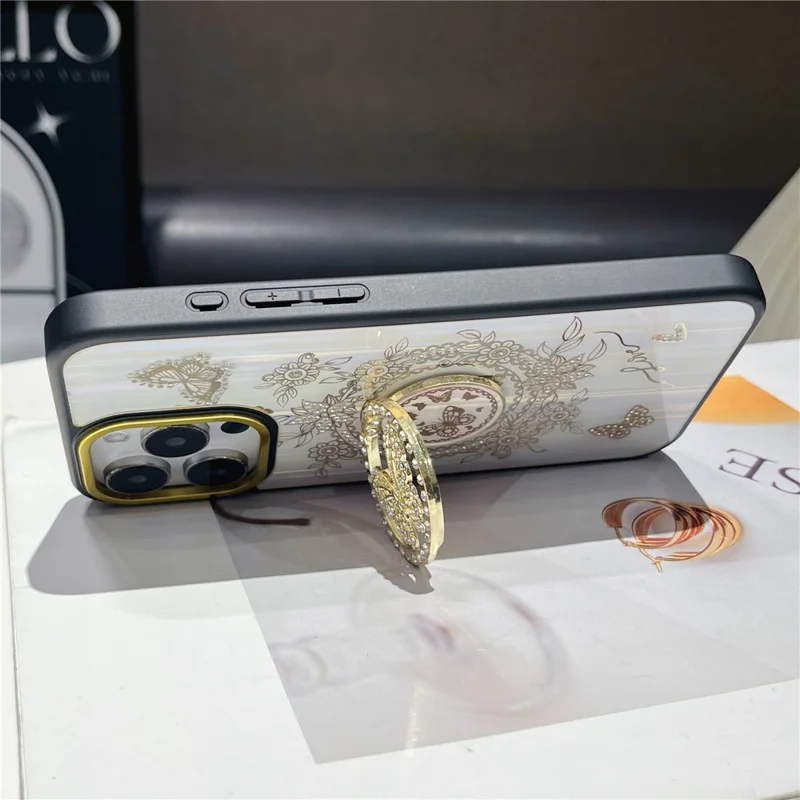 For iPhone 16 Pro Max Case Aurora Butterfly Pattern TPU + PC Phone Back Cover with Kickstand - White