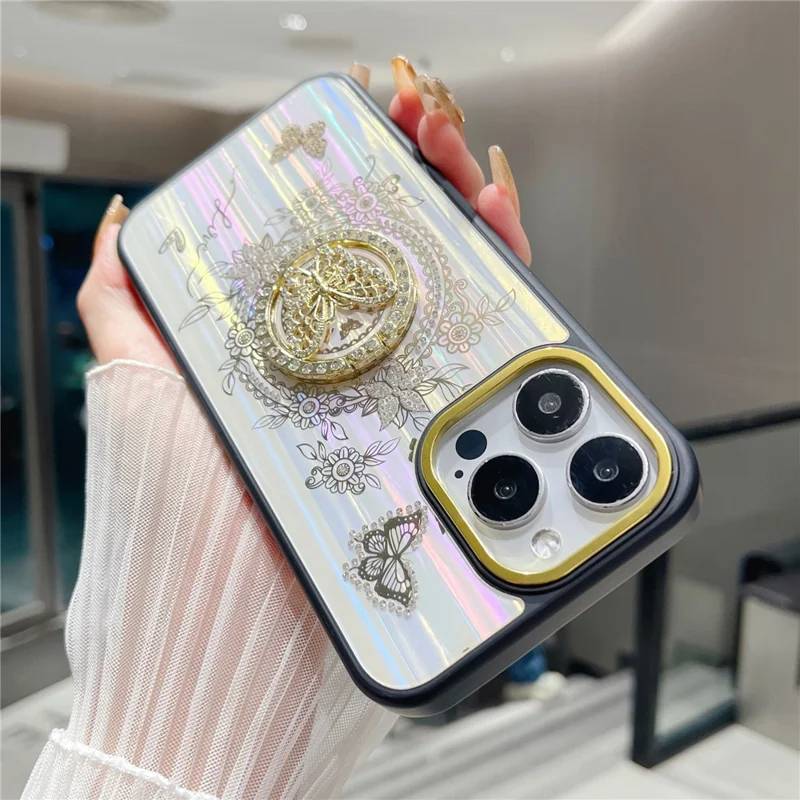For iPhone 16 Pro Max Case Aurora Butterfly Pattern TPU + PC Phone Back Cover with Kickstand - White