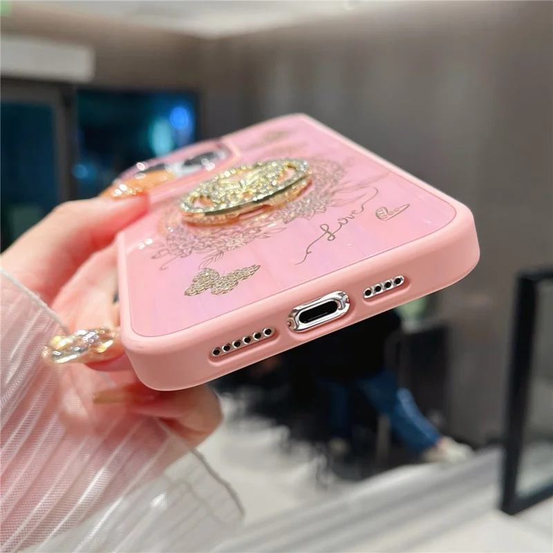 For iPhone 16 Pro Max Case Aurora Butterfly Pattern TPU + PC Phone Back Cover with Kickstand - White