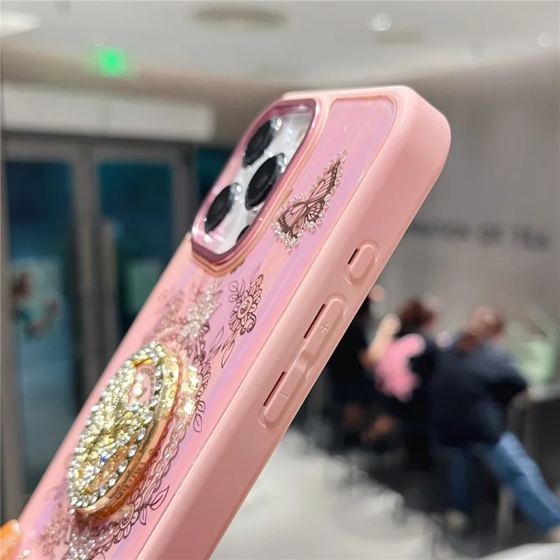 For iPhone 16 Pro Max Case Aurora Butterfly Pattern TPU + PC Phone Back Cover with Kickstand - White