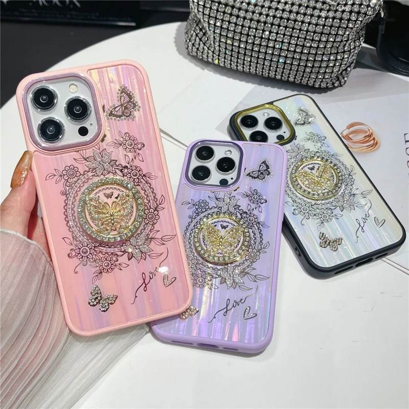 For iPhone 16 Pro Max Case Aurora Butterfly Pattern TPU + PC Phone Back Cover with Kickstand - White