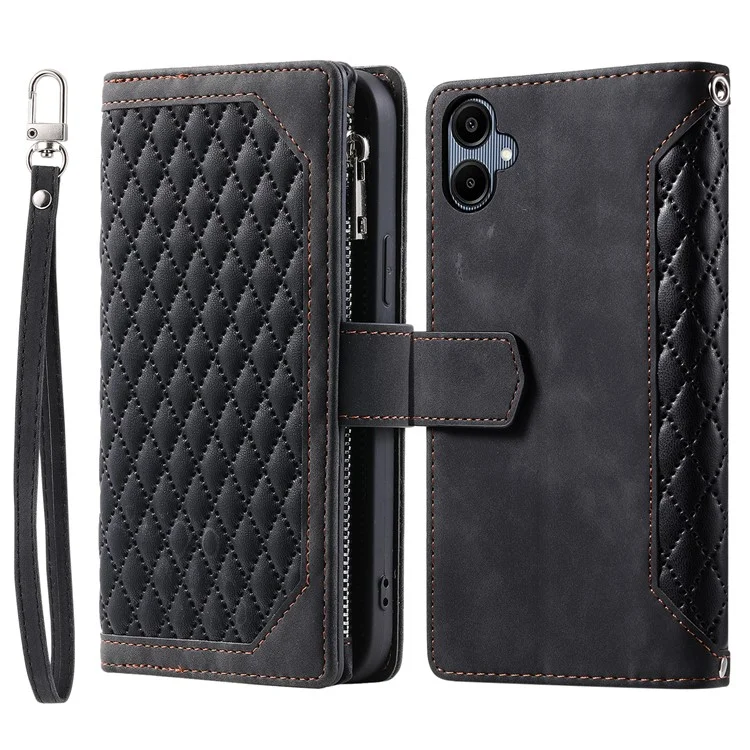 Estojo Carteira Estilo 005 para Samsung Galaxy A06 5G, Linha de Costura Losango em Couro PU - Preto