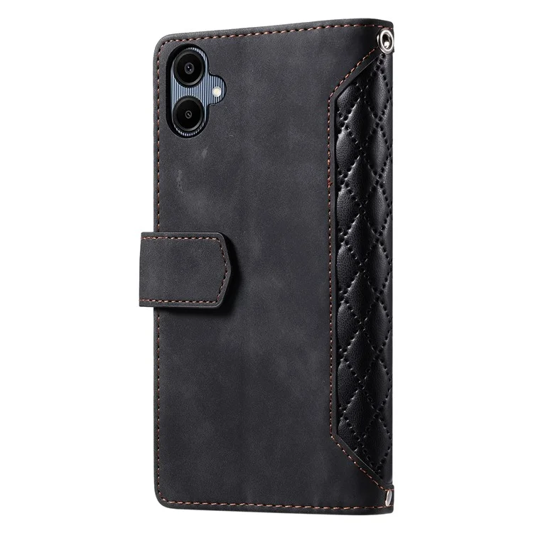 Estojo Carteira Estilo 005 para Samsung Galaxy A06 5G, Linha de Costura Losango em Couro PU - Preto