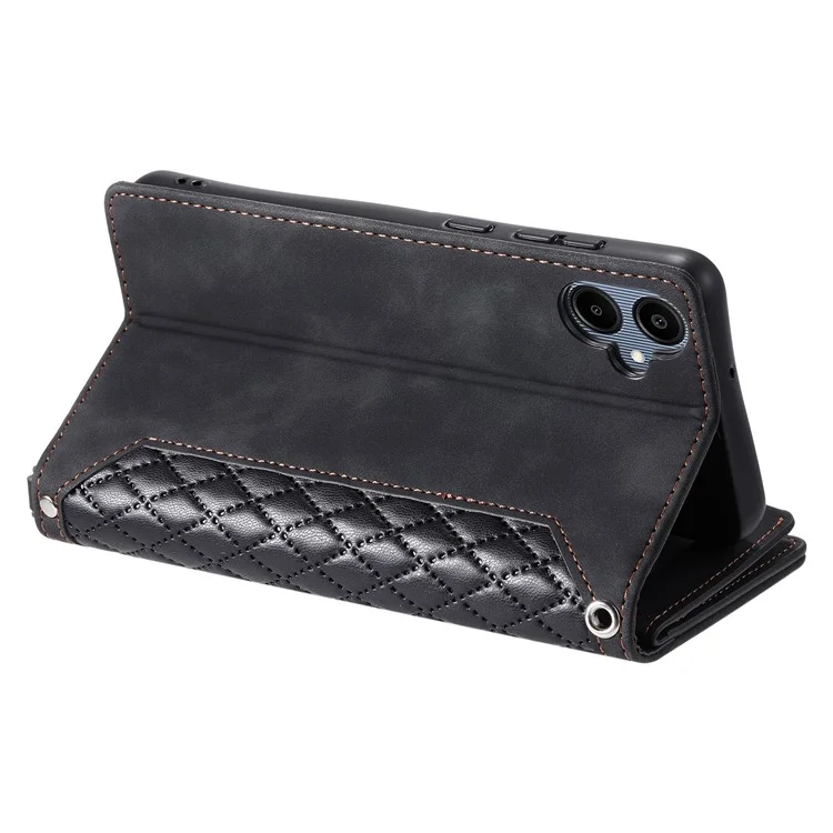 Estojo Carteira Estilo 005 para Samsung Galaxy A06 5G, Linha de Costura Losango em Couro PU - Preto