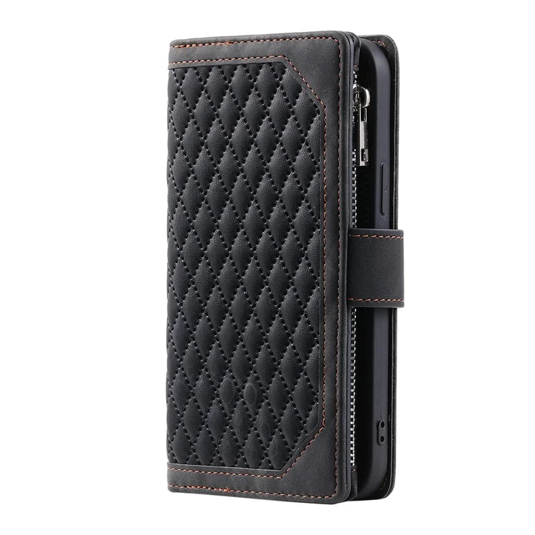 Estojo Carteira Estilo 005 para Samsung Galaxy A06 5G, Linha de Costura Losango em Couro PU - Preto