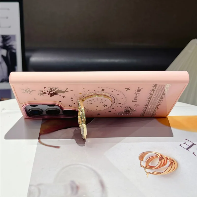 For Samsung Galaxy S25 Ultra Case Flower Fairy Pattern TPU + PC Phone Back Cover with Kickstand - Pink