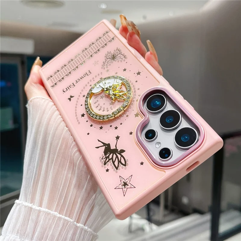 For Samsung Galaxy S25 Ultra Case Flower Fairy Pattern TPU + PC Phone Back Cover with Kickstand - Pink
