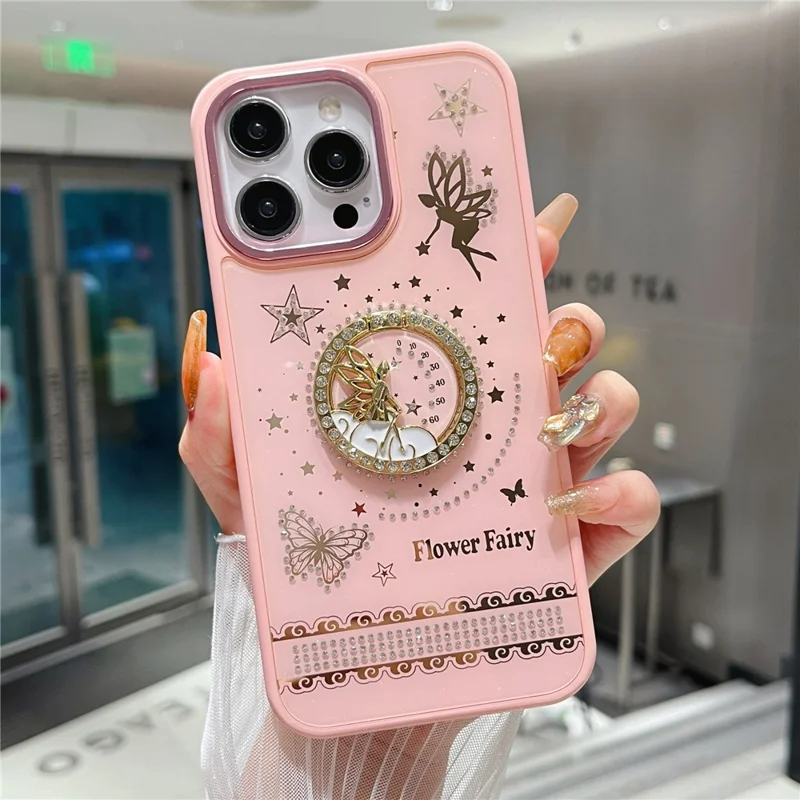 For iPhone 16 Pro Max Case Flower Fairy Pattern TPU + PC Phone Back Cover with Kickstand - Pink