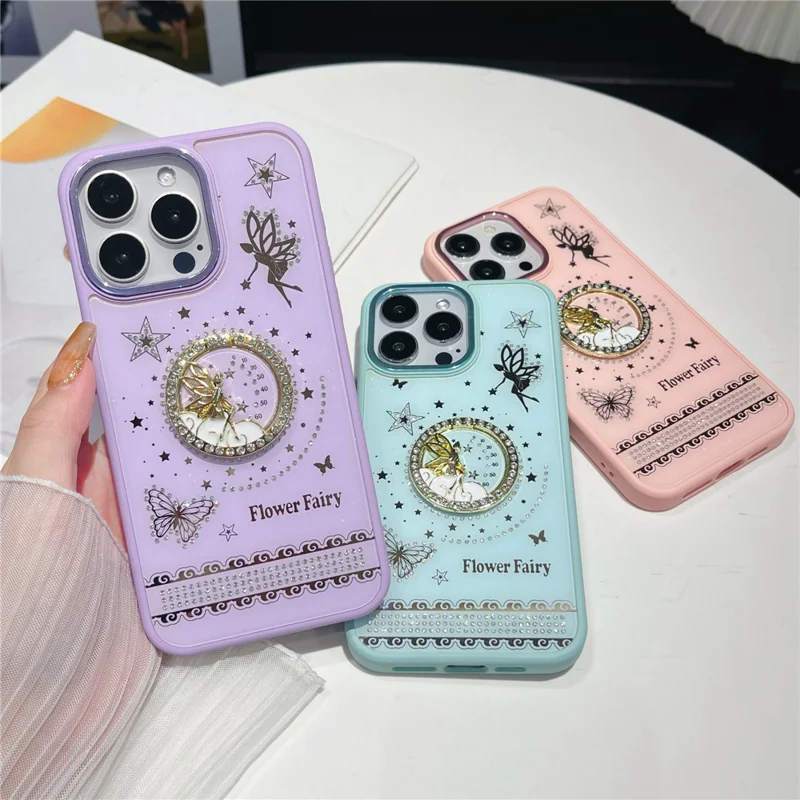 For iPhone 16 Pro Max Case Flower Fairy Pattern TPU + PC Phone Back Cover with Kickstand - Pink