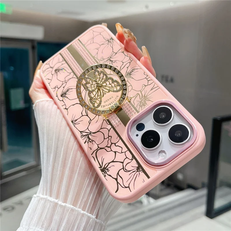 Funda para iPhone 16 Pro Max con Estampado Floral de TPU + PC con Soporte de Mariposa - Rosa