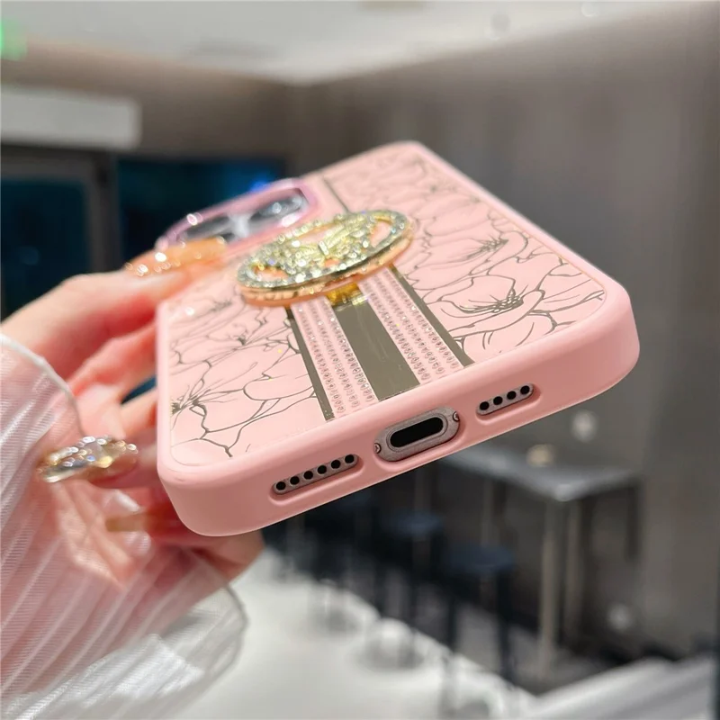 Funda para iPhone 16 Pro Max con Estampado Floral de TPU + PC con Soporte de Mariposa - Rosa
