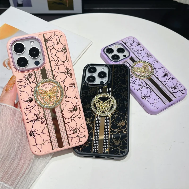 Funda para iPhone 16 Pro Max con Estampado Floral de TPU + PC con Soporte de Mariposa - Rosa