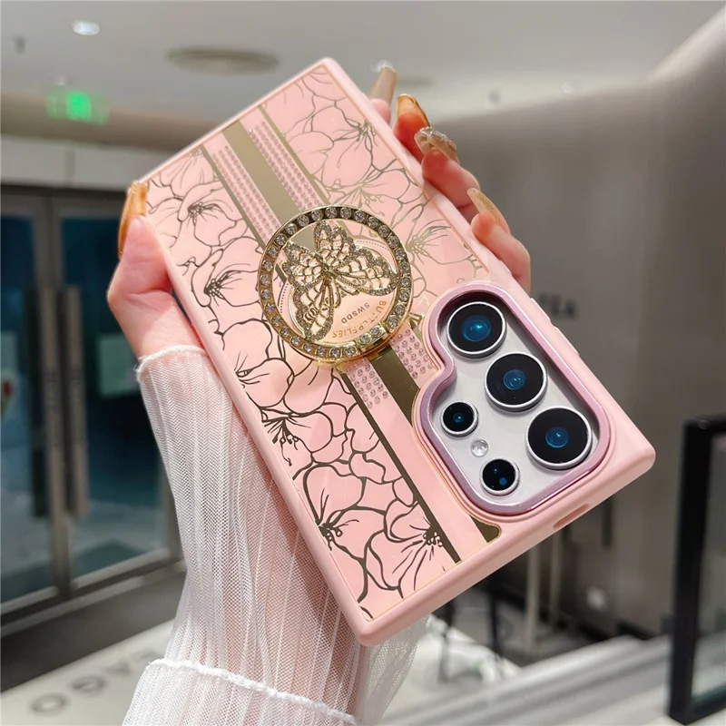 For Samsung Galaxy S25 Ultra Case Flower Pattern TPU + PC Phone Back Cover with Butterfly Kickstand - Pink