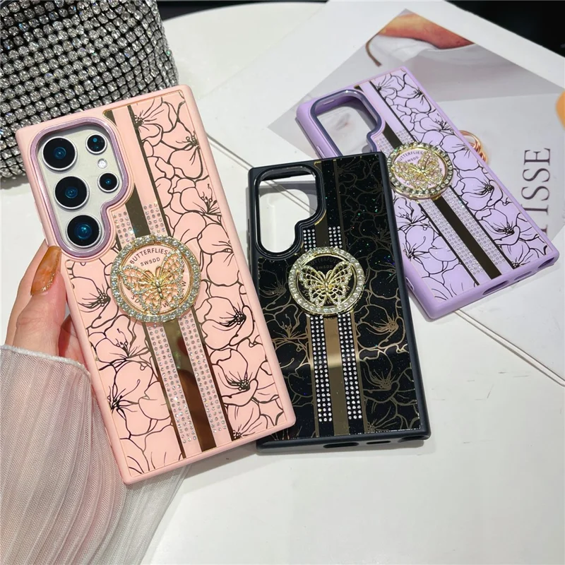 For Samsung Galaxy S25 Ultra Case Flower Pattern TPU + PC Phone Back Cover with Butterfly Kickstand - Pink