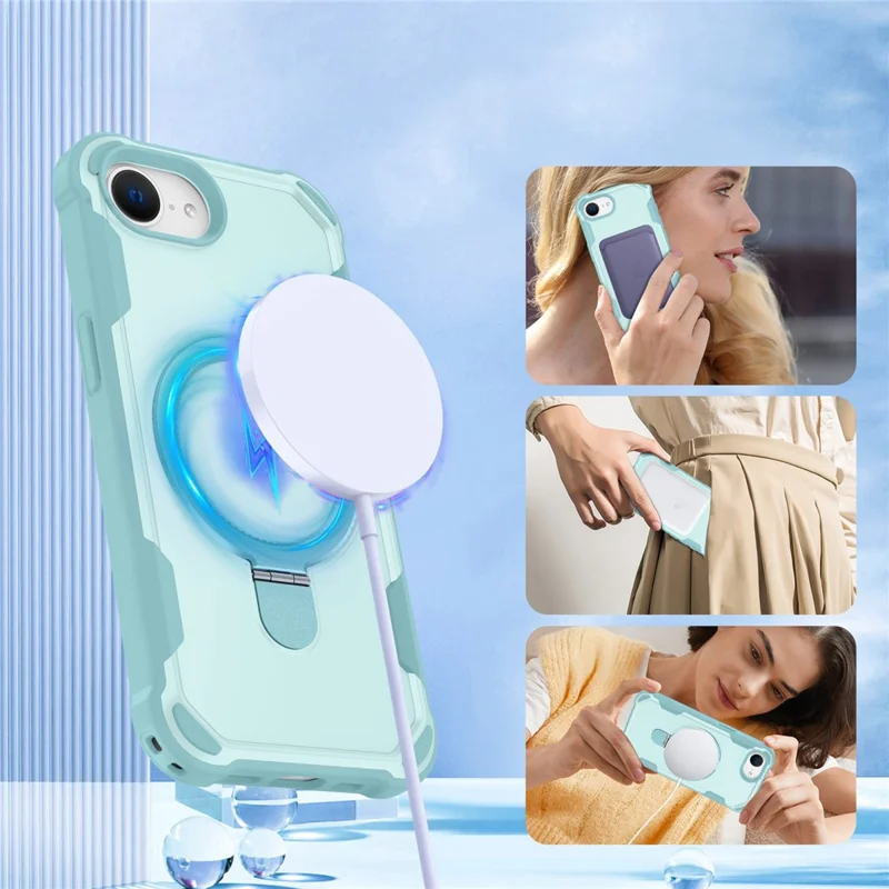 For iPhone 17e / 16e Case Compatible with MagSafe Kickstand TPU + PC Shockproof Phone Back Cover - Lake Blue