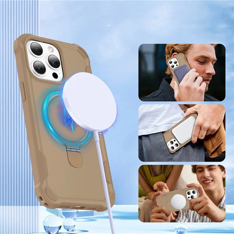 For iPhone 16 Pro Case Compatible with MagSafe Kickstand TPU + PC Shockproof Phone Back Cover - Gold
