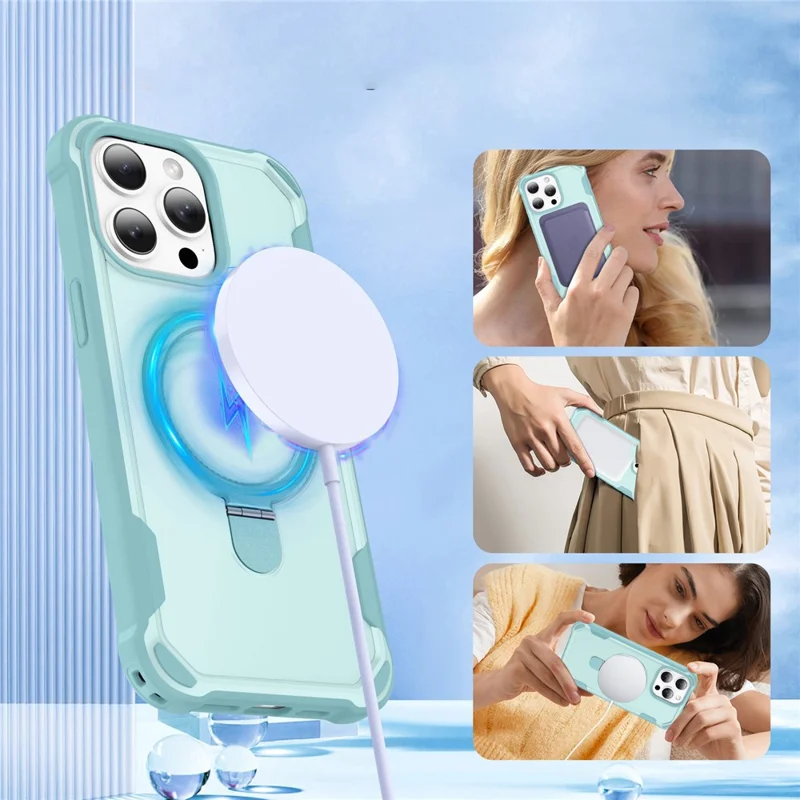 For iPhone 16 Pro Max Case Compatible with MagSafe Kickstand TPU + PC Shockproof Phone Back Cover - Lake Blue