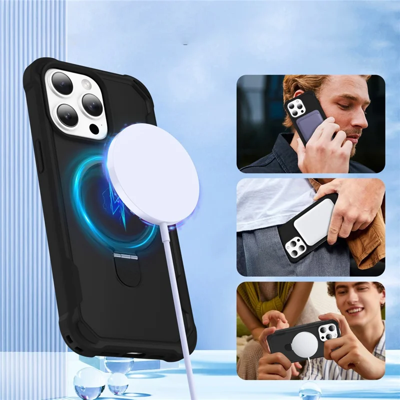 For iPhone 15 Pro Case Compatible with MagSafe Kickstand TPU + PC Shockproof Phone Back Cover - Black