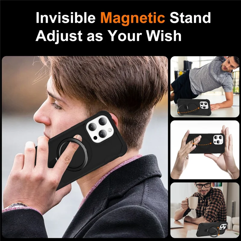 For iPhone 15 Pro Case Compatible with MagSafe Kickstand TPU + PC Shockproof Phone Back Cover - Black