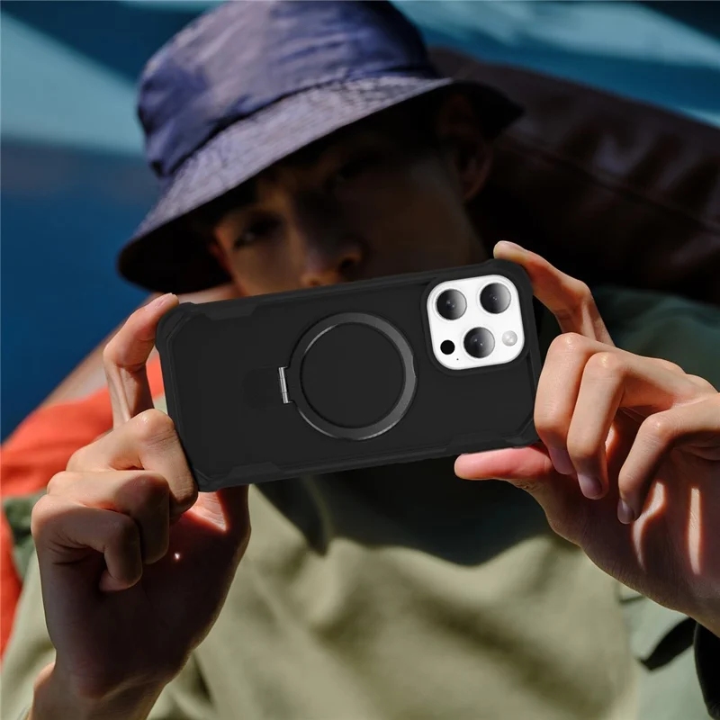 For iPhone 15 Pro Case Compatible with MagSafe Kickstand TPU + PC Shockproof Phone Back Cover - Black