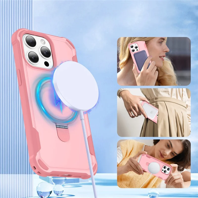 For iPhone 13 Pro Case Compatible with MagSafe Kickstand TPU + PC Shockproof Phone Back Cover - Pink