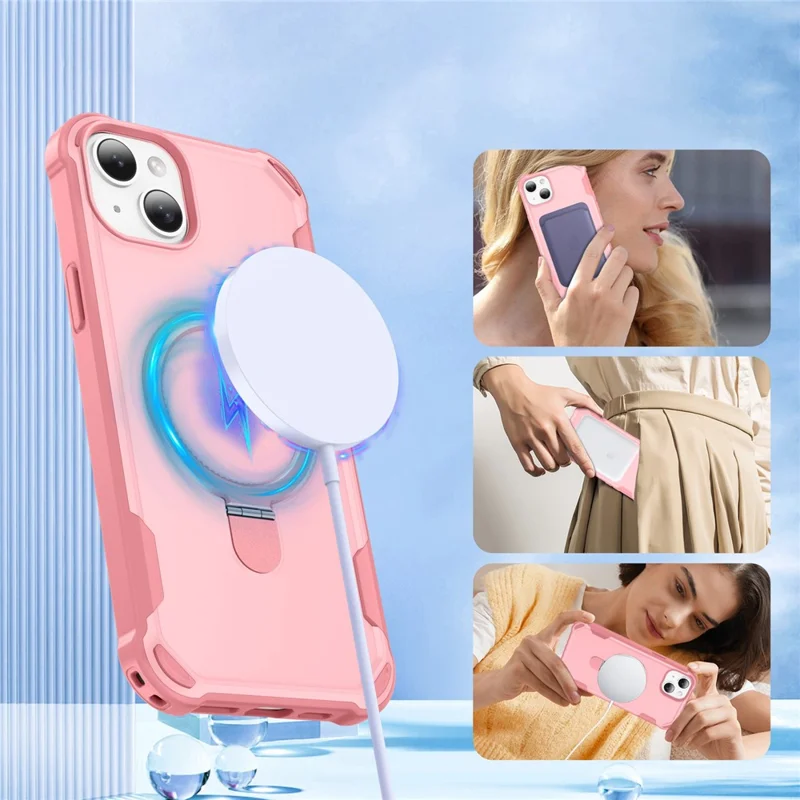 For iPhone 15 Case Compatible with MagSafe Kickstand TPU + PC Shockproof Phone Back Cover - Pink